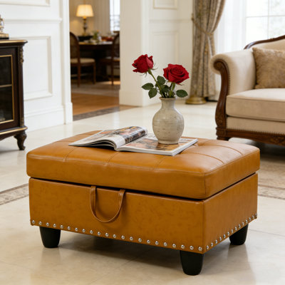 Banc rectangulaire avec repose-pieds avec rangement, repose-pieds en similicuir curcuma avec garniture cloutée, tabouret de table basse pour le salon, la chambre à coucher et le vestibule