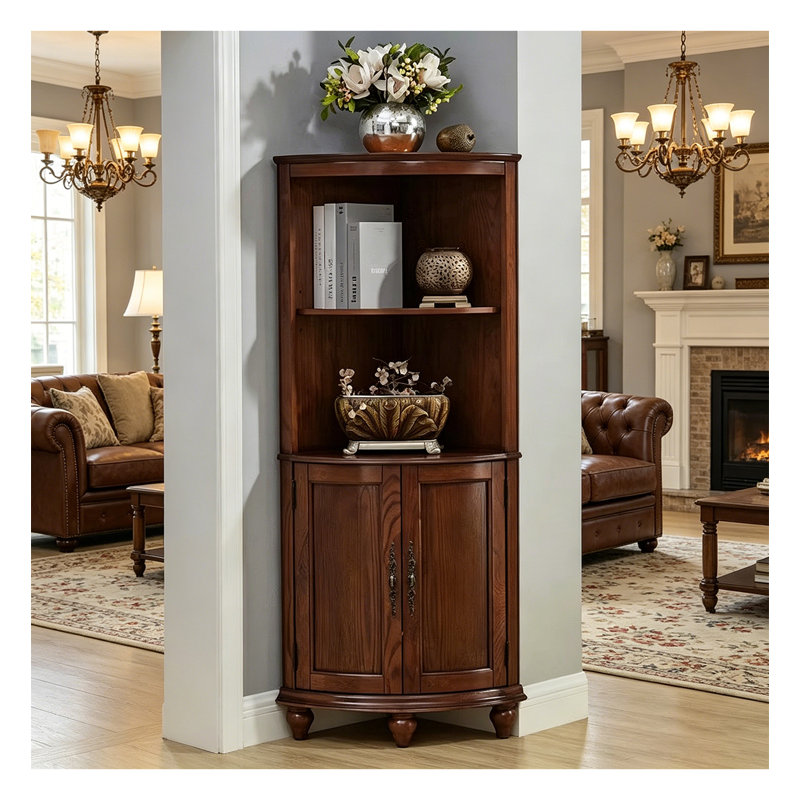 Armoire de coin en bois massif de style traditionnel avec tablettes ouvertes