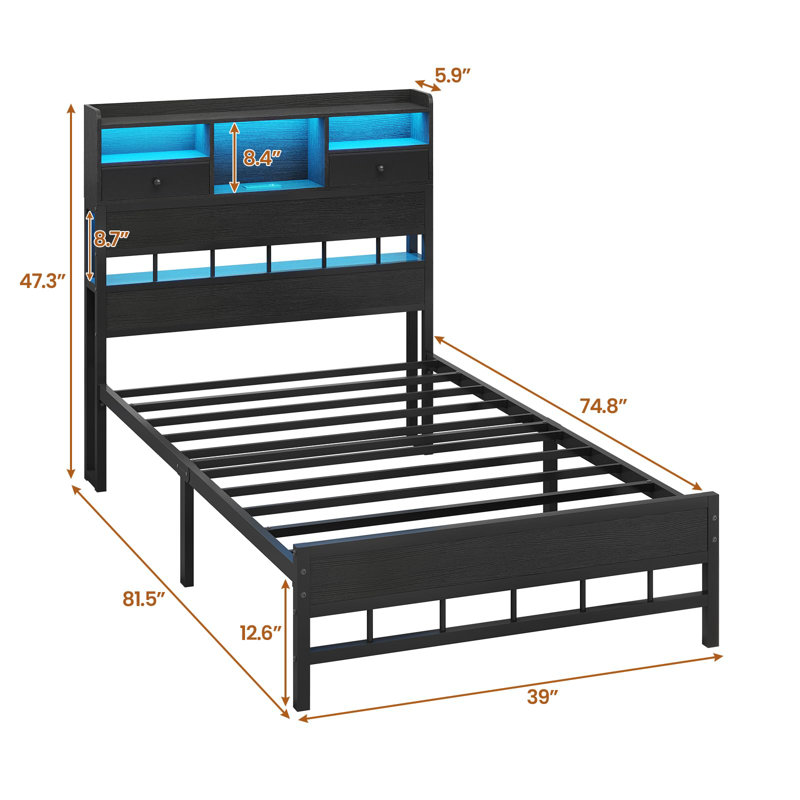 Cadres de lit simple avec tête de lit et 5 tablettes de rangement et rangement sous le lit, cadres de lit simple avec DEL et station de charge, aucun sommier nécessaire