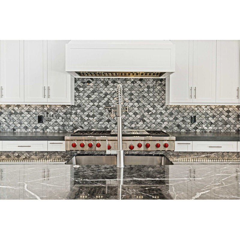 9 in. x 10 in. Fish Scale Marble Tile, Dark Gray