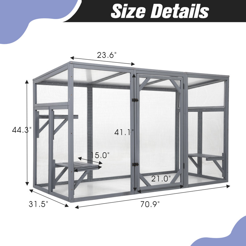 Enceinte d'extérieur pour chat en bois, abri de patio pour chat avec 3 plateformes, porte verrouillable, toit ouvrant pour grand lit, animaux de compagnie, gris