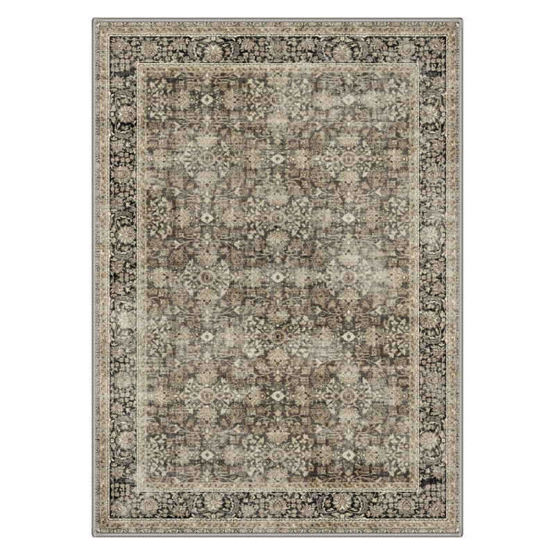 Abastos Distressed Medallion Olive & Charcoal Vintage-Style Area Rug, Rectangle 5' x 7'
