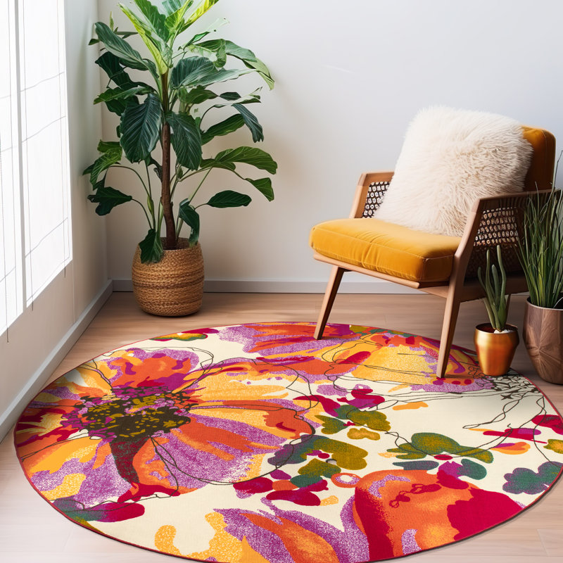 Florentia Floral Tufted Orange/Pink/Ivory Non-Slip Rubberback Area Rug, Round 8'