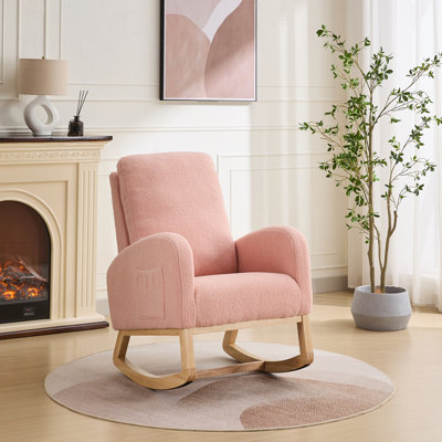 27"W Rocking Chair for Nursery, Sherpa Glider Chair with High Back and Side Pocket, Rocking Accent Armchair with Rubber Wood Legs for Living Room/Bedroom, Pink