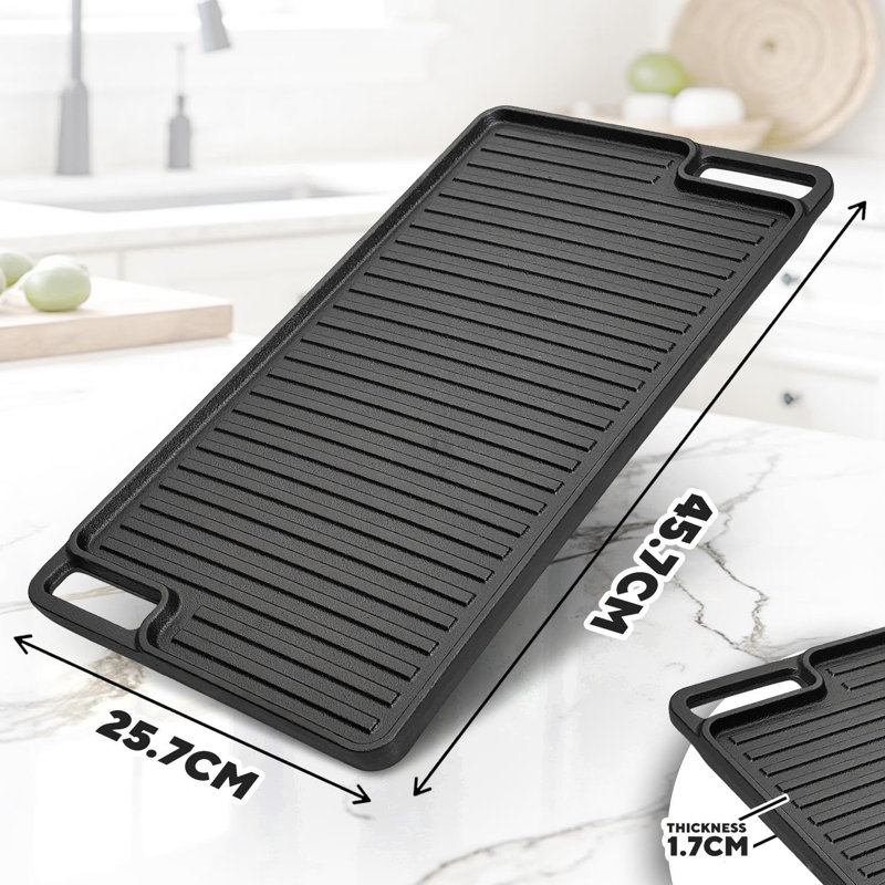 Cast Iron Reversible Grill Griddle Pan Large 45.7Cm Double Sided Flat Griddle Steak Plate For Induction Gas Electric Hob Oven BBQ Heavy Duty Cooking Pan