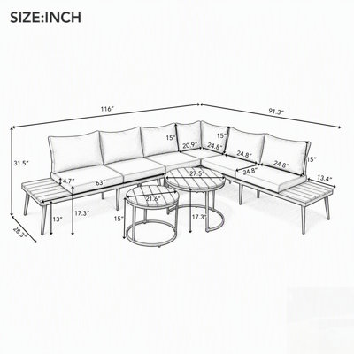Ensemble de canapé modulaire d'extérieur 6 pièces avec tables basses gigognes rondes et coussins confortables pour le patio, le porche et le jardin