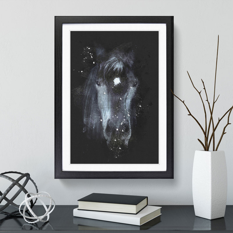 Black Horse in the Shadows - Picture Frame Graphic Art, 65cm H x 48cm W x 2cm D, Black
