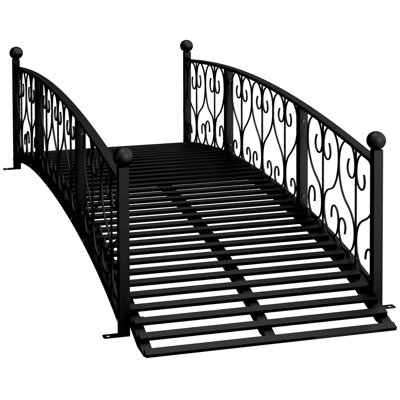 Outsunny 7' Metal Arch Garden Bridge With Safety Siderails, Decorative Arc Footbridge With Delicate Scrollwork "S" Motifs For Backyard Creek, Stream, Fish Pond, Black