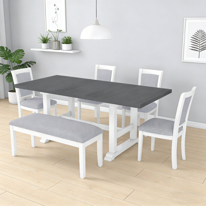 Ensemble de table de salle à manger à tréteaux extensible 6 pièces 76,9 pouces avec rallonge amovible, chaises et banc rembourrés