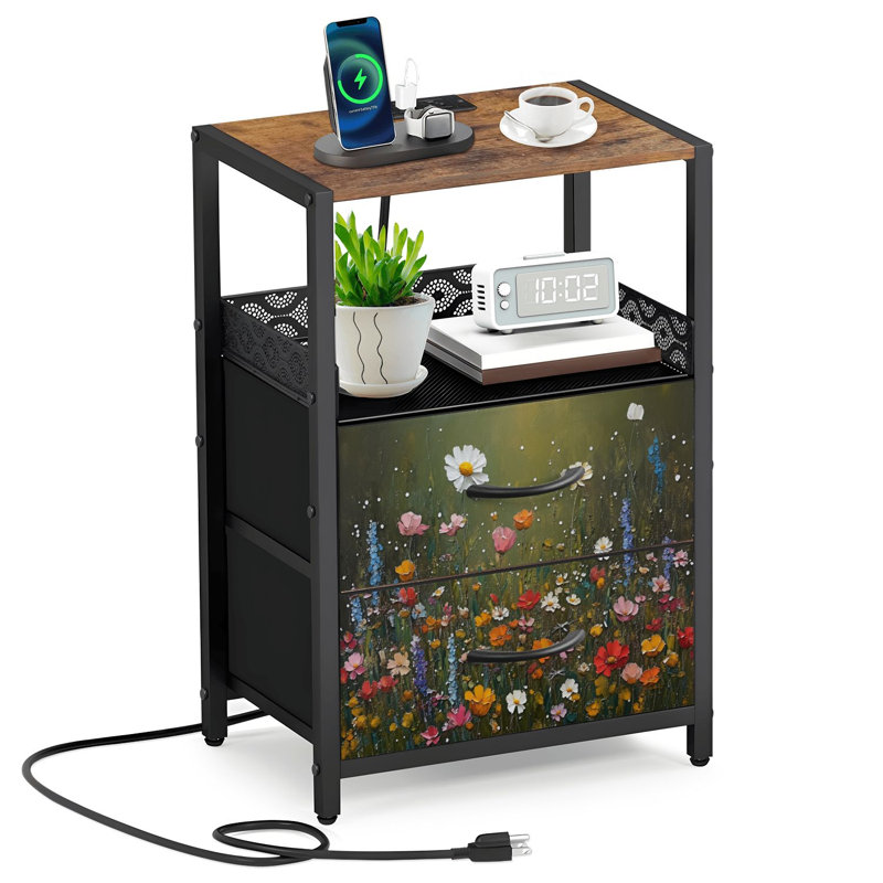 Table de chevet avec 2 tiroirs en tissu et station de charge