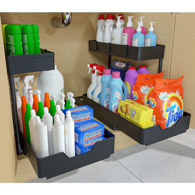 2 Pack Under Sink Organizer – Black 2-Tier Sliding Cabinet Storage, Multi-Purpose L-Shaped Narrow Shelf With 4 Hooks For Kitchen & Bathroom