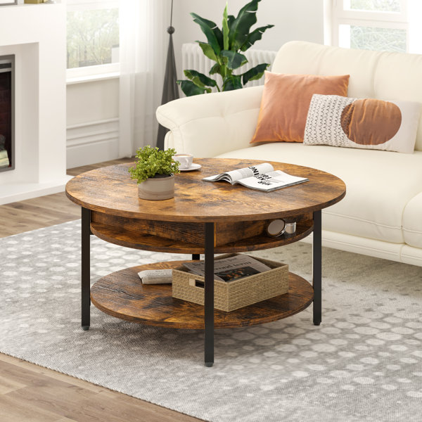 33.5 Round Coffee Table with 2-Tier Storage, Farmhouse Living Room  Cocktail Table with Black Metal Leg, Solid Wood Industrial Sofa Center  Table,Easy