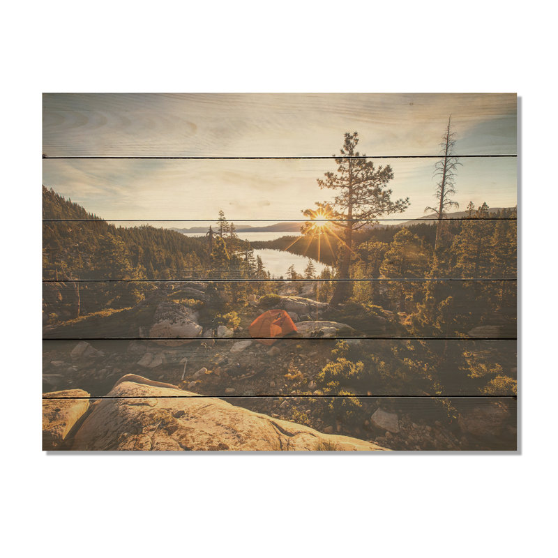 Mountain Hiking Views Tranquility - Mountains Wood Art On Natural Pine Wood, 30" H x 40" W