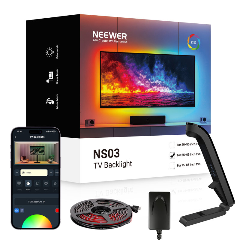 Rétroéclairage du téléviseur pour écrans de 55 po à 65 po, bandes lumineuses à DEL RVB de 11,8 pi / 3,6 m avec changement de capteur avec téléviseur, marche / arrêt programmé, synchro de couleur à retard zéro, synchro de musique, 24 effets de scène, prise en charge du contrôle des applications, NS03