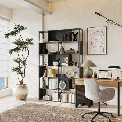 Étagère haute moderne à 6 niveaux – Bibliothèque industrielle en métal avec 15 étagères ouvertes – Meuble de rangement autoportant pour salon, chambre, bureau, cuisine