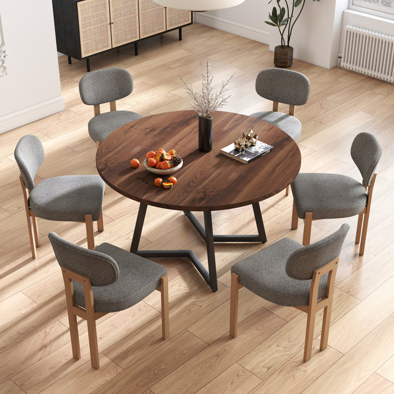 47.2 Inch Round Dining Table Set, Gray, Walnut/Wooden, 5
