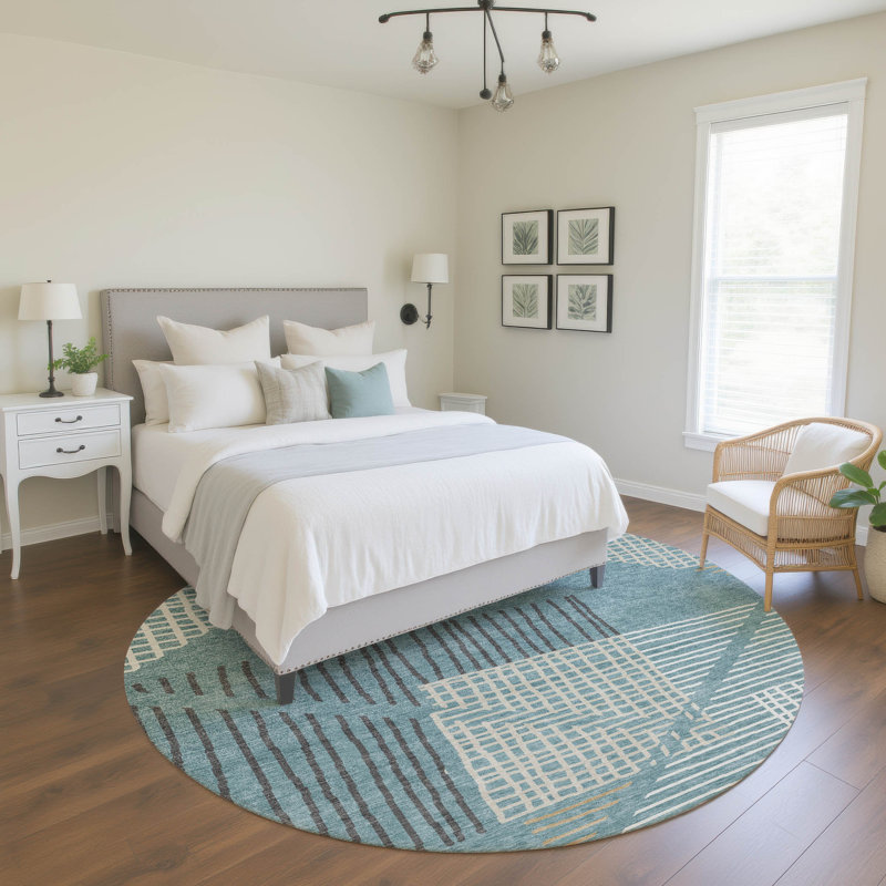 Premium Machine Washable Mayfield AMF2270 Striped Rug, Teal, 8' Round