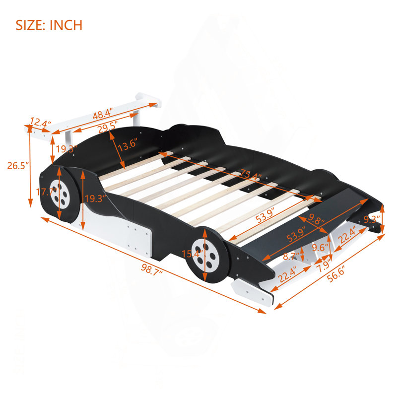 Lit plateforme double en forme de voiture de course avec roues, noir, Noir, noir, noir, noir