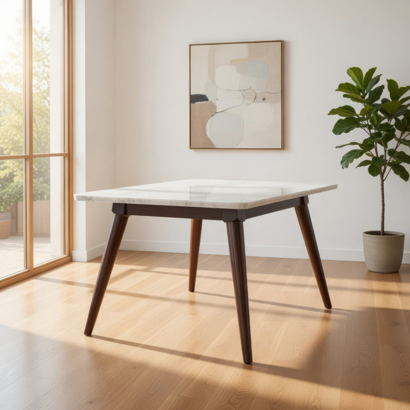 Alycea 64 Inch Modern Marble Top Dining Table, Tapered Wood Legs, White, Brown