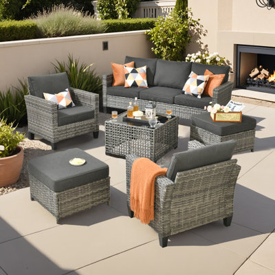 Ensemble de 6 meubles de patio, canapés d'extérieur en osier avec table basse à énergie solaire et coussins confortables, ensemble de canapé à haut dossier toutes saisons pour terrasse