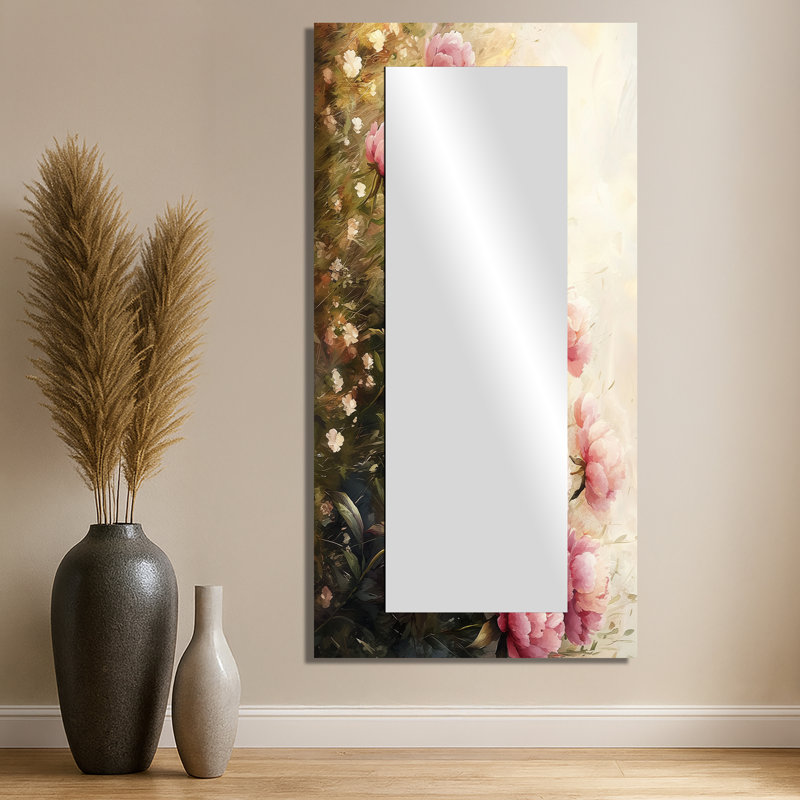 Pivoines dans le champ balayé par le vent II - Art mural miroir floral - imprimé sur métal, 28 po x 55 po