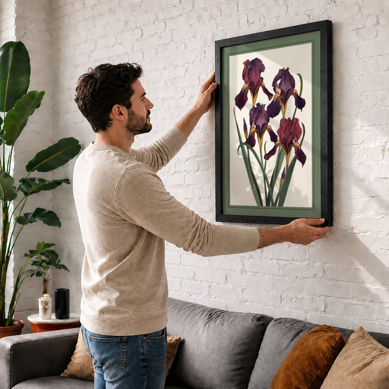 Purple Iris Study Botanical - Framed Print, A2 - 59.4 x 42.0 cm, Walnut