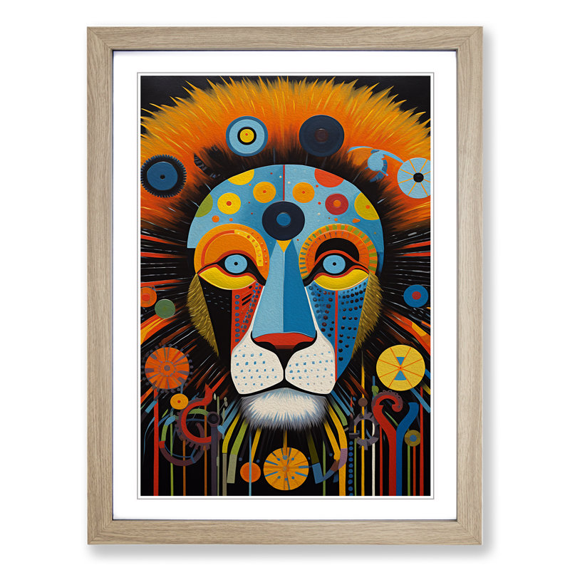XYZ-FRM-V1223-4254 Lion Constructivism No.2 - Single Picture Frame Print on Wood, Oak, 34cm H x 25cm W x 2cm D