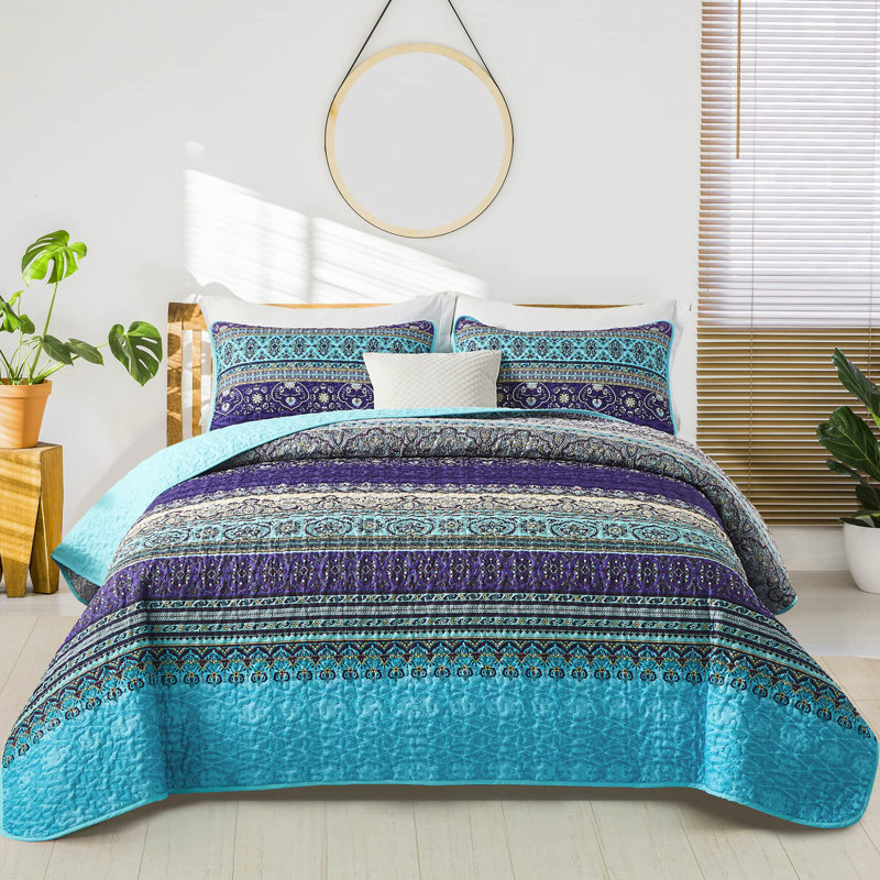 Set of 3 Boho Bohemian Quilt Set Lightweight Reversible Microfiber Bedspread Coverlet All Season Bed Decor, Blue/Purple