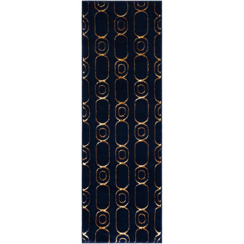 Tapis de couloir contemporain bleu marine et doré Vincente, Tapis de couloir 2 pi x 6 pi 1 po