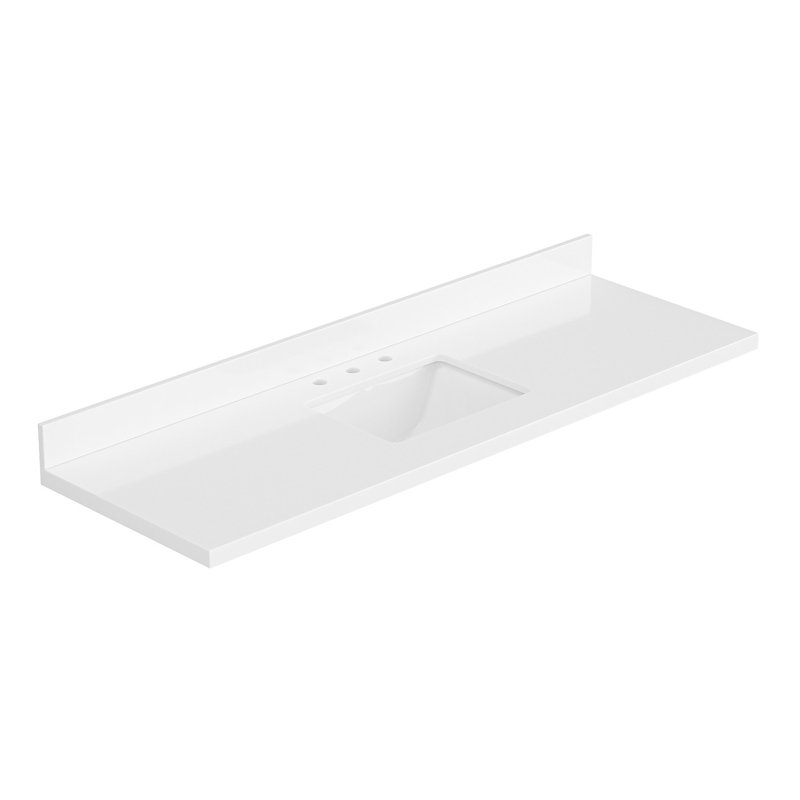 Comptoir de salle de bain en quartz blanc pur Ariel de 67 po avec rebord à onglet de 1,5 po d'épaisseur avec lavabo simple rectangulaire et dosseret inclus