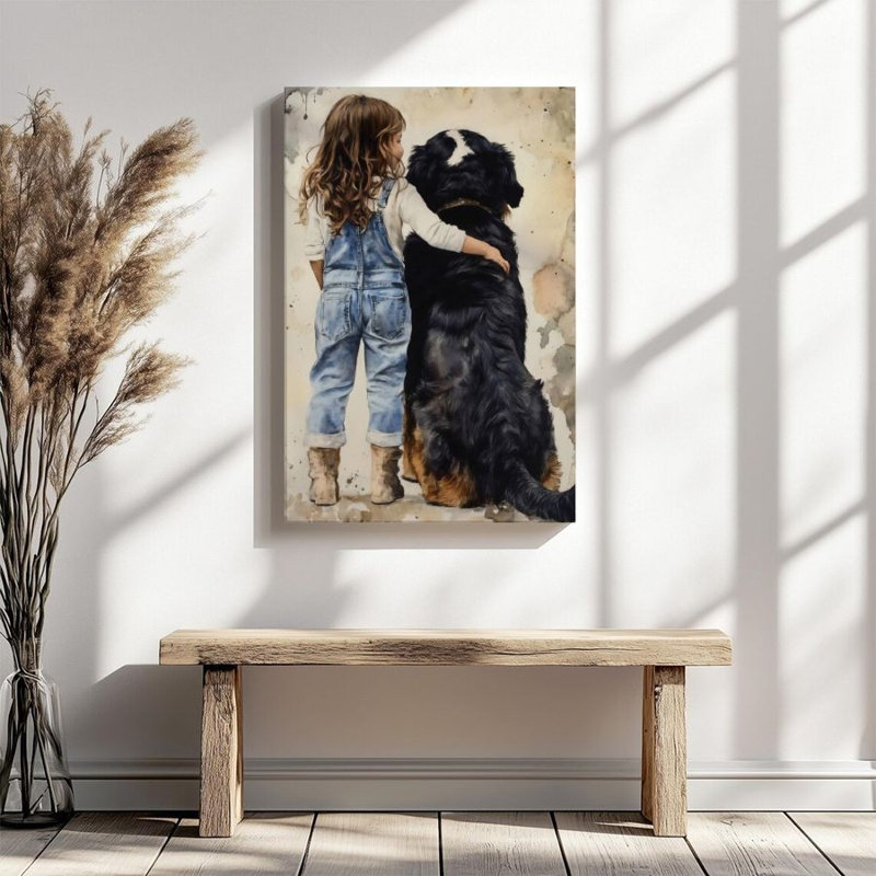 Impression sur toile encadrée 1Pc, une petite fille avec un bouvier bernois, chaleureuse décoration murale, parfaite pour la décoration de chambre