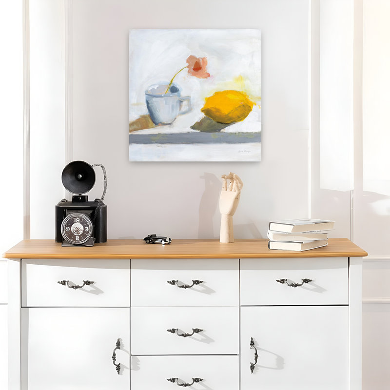 Art contemporain au citron avec tasse bleue, H 18 po x l 18 po