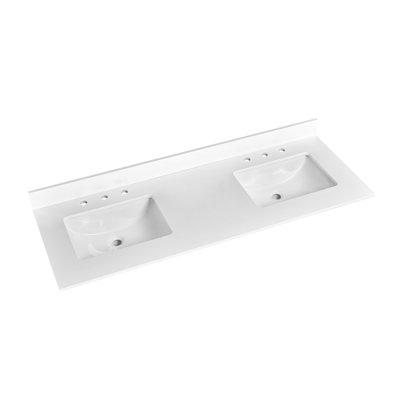 60" Engineered Marble Single Bathroom Vanity Top In White With Double Sinks