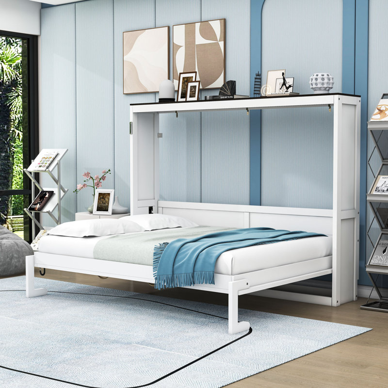 Lit escamotable multifonctionnel en bois avec éclairage DEL, Blanc / Brun, Lit double