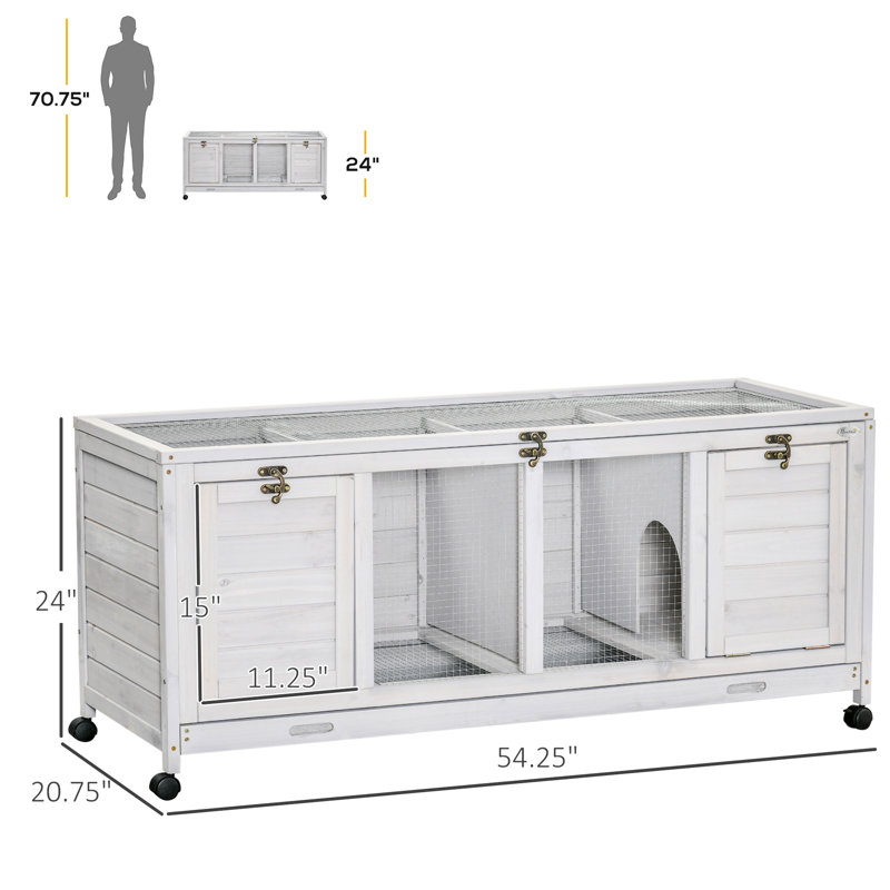 Cage en bois avec toit ouvrable et fonction portable, gris pour 1 à 2 lapins, roues facile d'accès
