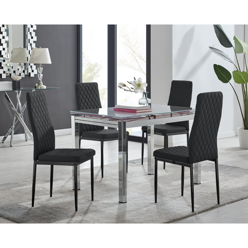 Tierra Modern Glass & Metal Extendable Dining Table Set & 4 Luxury Faux Leather Dining Chairs, Black/Black