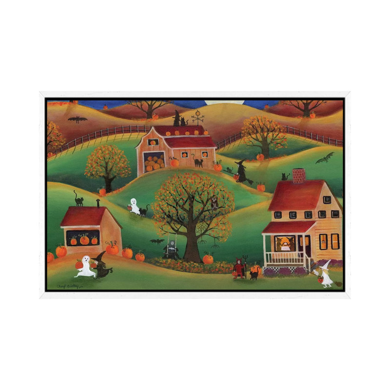 Halloween Autum Pumpkin Farm by Cheryl Bartley - Painting on Canvas, White Framed, 45.72cm H x 66.04cm W x 3.81cm D