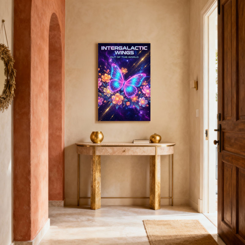 Ensemble d'une toile tendue représentant des ailes intergalactiques, des papillons et des fleurs, sur le thème de la galaxie cosmique.