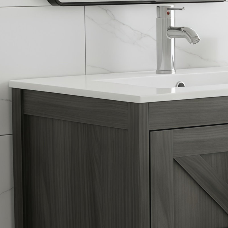 Meuble-lavabo de ferme gris de 30 pouces avec lavabo encastré en céramique et robinet, porte de grange et unité de rangement séparée.