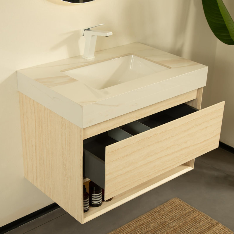 Meuble-lavabo 30 po, meuble de rangement flottant en contreplaqué, tiroir et tablette avec capteur de lumière, lavabo encastré en céramique et plateau en pierre frittée dorée Calacatta, pré-assemblé