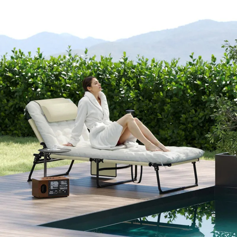 Chaise longue pliante beige avec inclinaison à 4 positions, coussin et poche latérale
