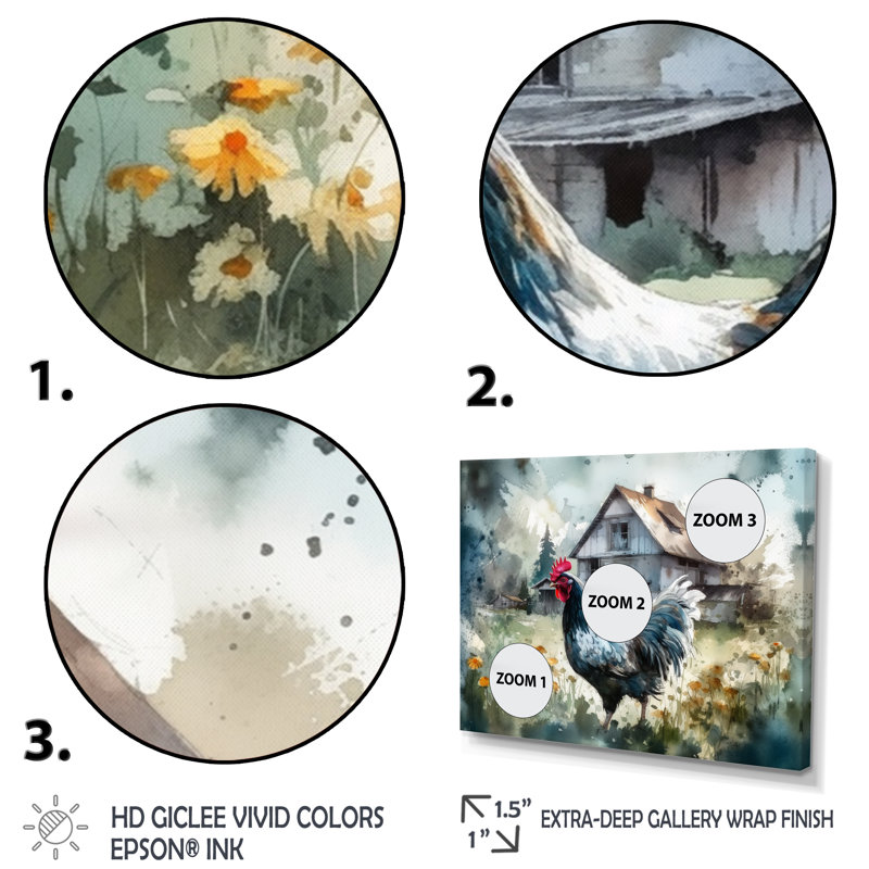 Coq sur une ferme II - art mural poulet, H 12 po x l 20 po x P 1 po, Cadre flottant doré
