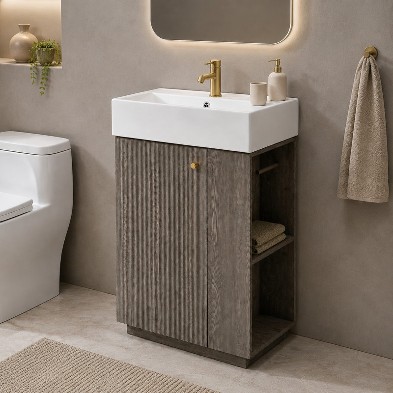 Meuble-lavabo autoportant de 55 cm de largeur, avec rangement latéral ouvert et dessus en céramique., Gris