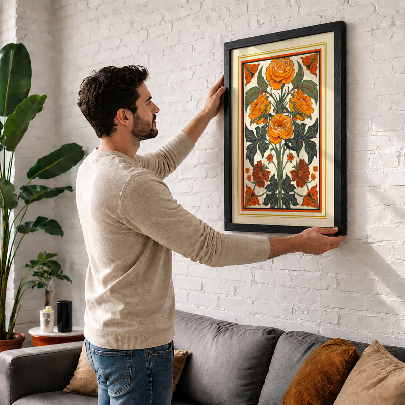 Roses in Manuscript Gold Botanical - Framed Print, A3 - 42.0 x 29.7 cm, Black