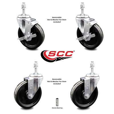 5 Inch SS Phenolic Wheel Swivel 10mm Threaded Stem Caster Set 2 Brakes SCC