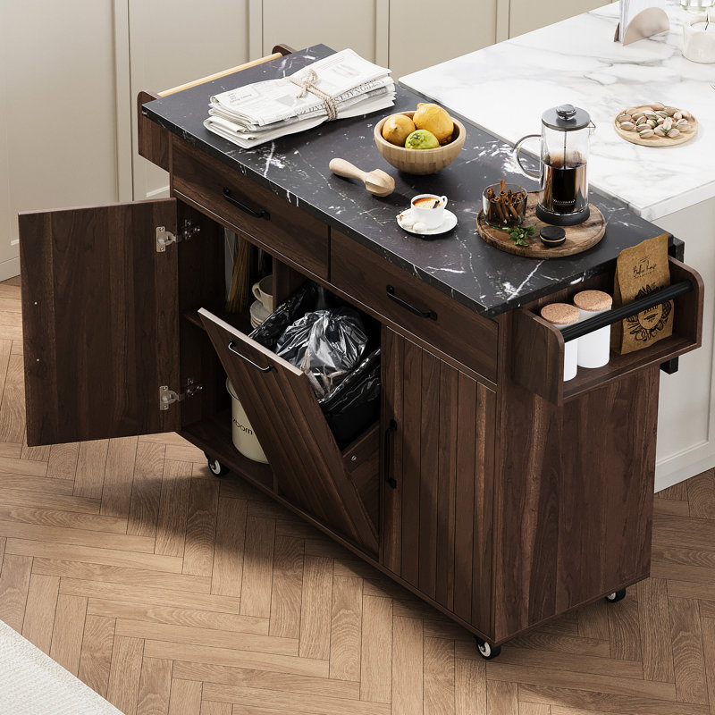 Îlot de cuisine mobile avec poubelle intégrée, abattant rabattable, étagère réglable, porte-épices, placard de luxe au fini noyer et étagère à serviettes - Brun
