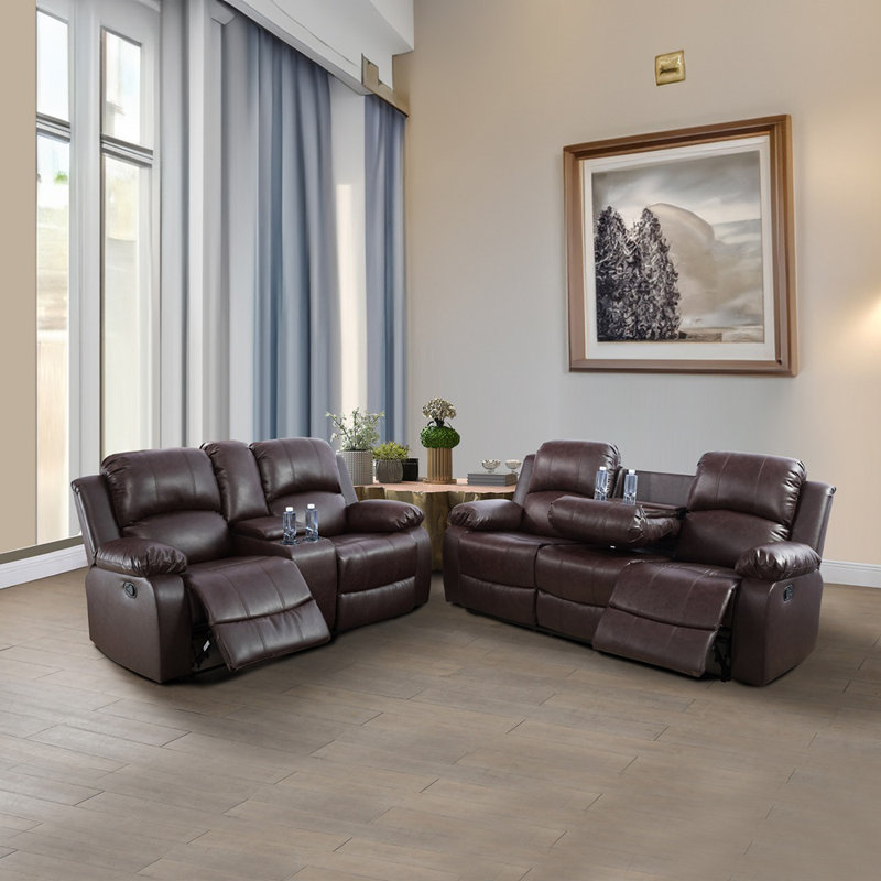 Ensemble de salon inclinable en similicuir 2 pièces Vesada avec table basse et console intégrées, Brun