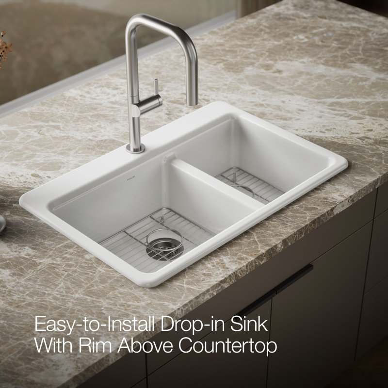 Riverby 33 In. Top-Mount Double-Bowl Kitchen Sink, White, 1 hole, Large/medium bowls
