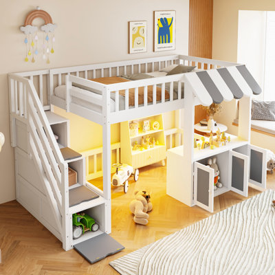 Lit mezzanine en bois avec escalier intégré, armoires, éclairage à DEL et garde-corps