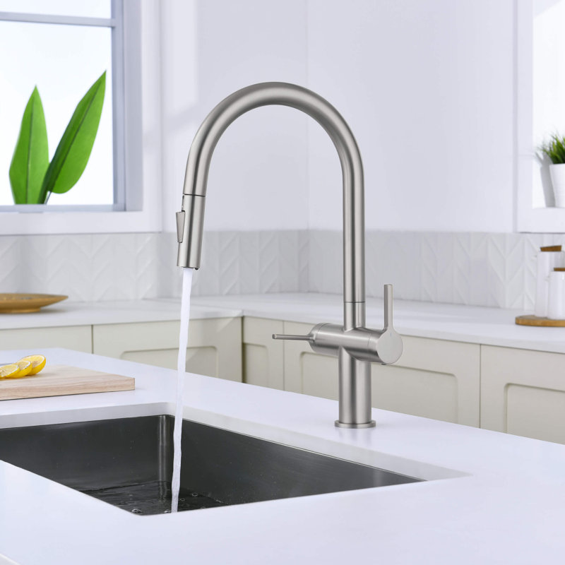 Novo Single Hole Two Handle Pull Down Kitchen Faucet, Brushed Nickel